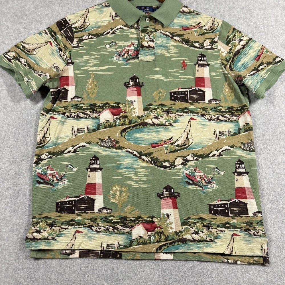 Polo Ralph Lauren Montauk Scenic Lighthouse Polo Shirt Men Medium All Over Print - Picture 2 of 6